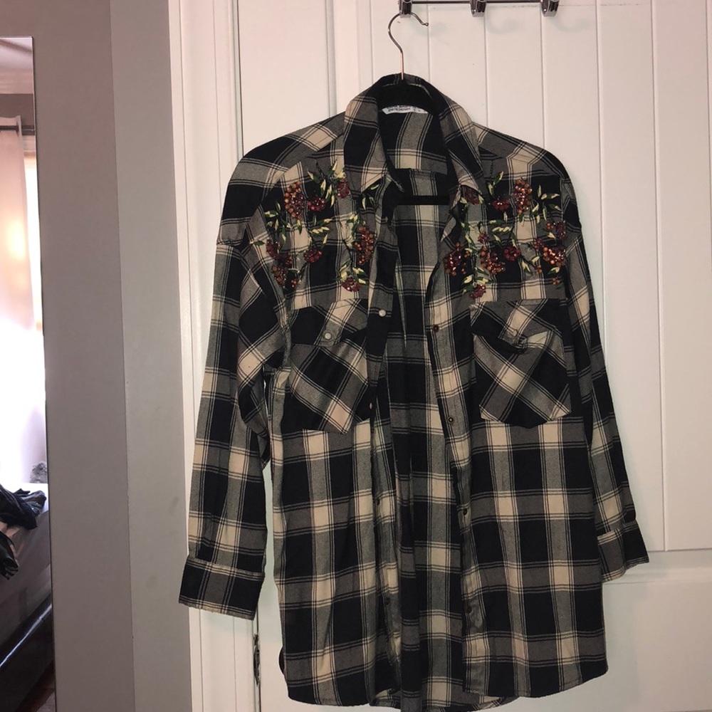 Flannel with floral embellishments